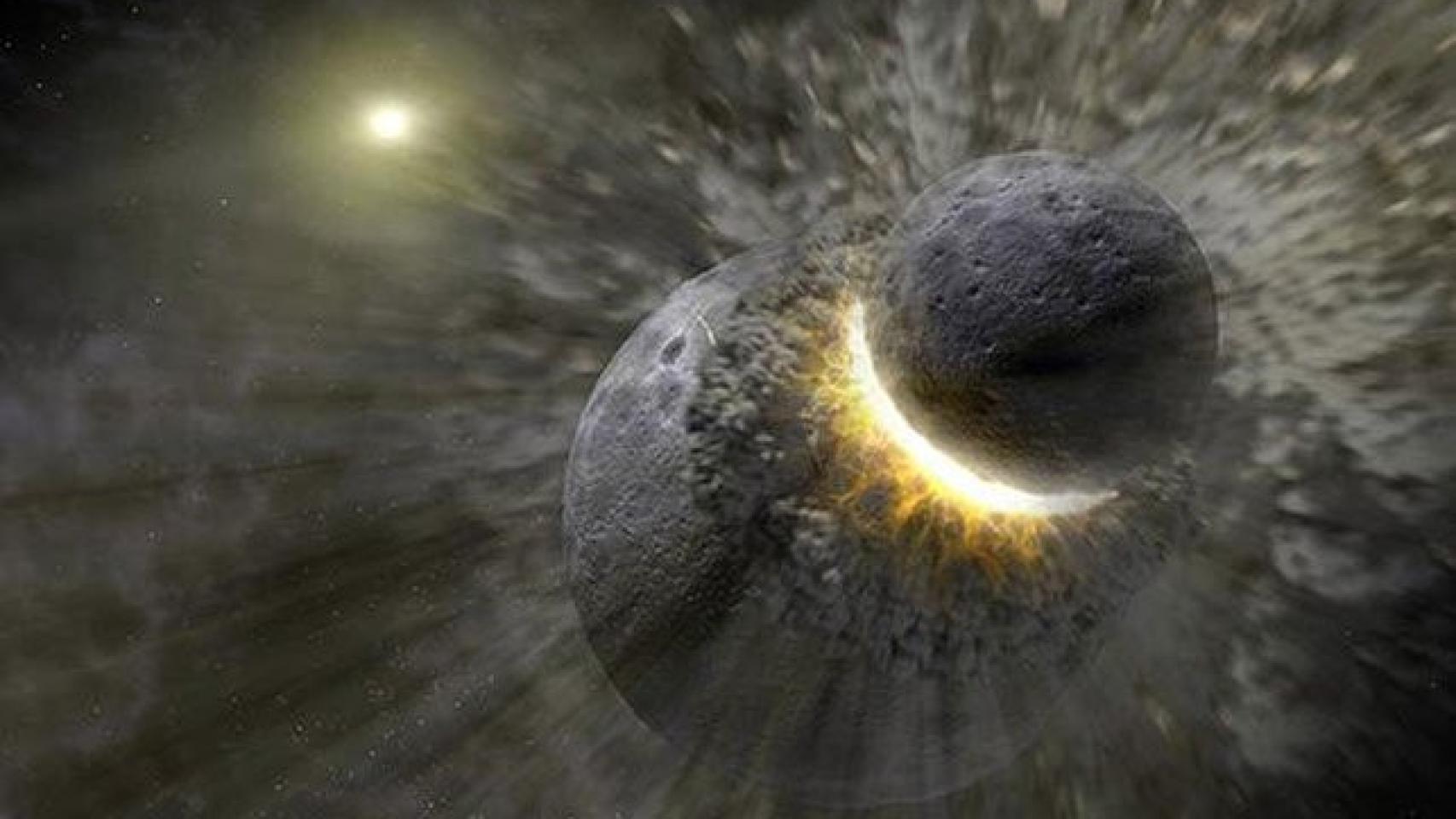 Ilustración del choque entre Theia y la Tierra, una gran colisión de la que pudo surgir la Luna.
