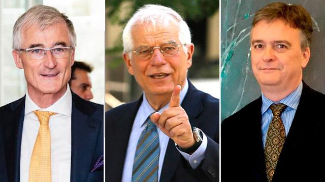 Geert Bourgeois, ministro-presidente de Flandes (i); Josep Borrell, ministro de Exteriores español (c) y André Hebbelinck, exdelegado del Gobierno de Flandes en España / CG