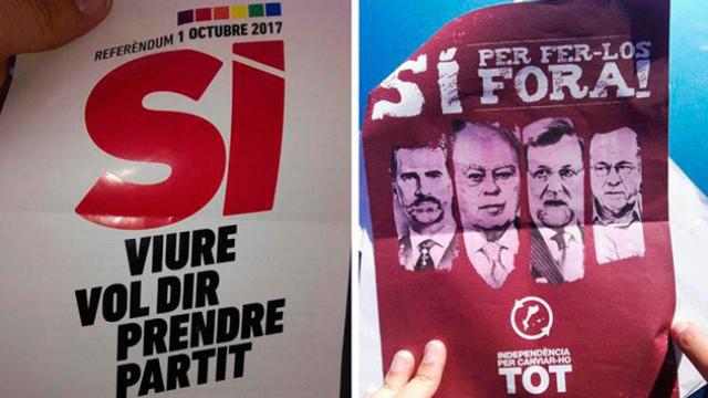 Combo de fotografías de carteles en favor de la independencia que la Guardia Civil incautó en una empresa de la localidad barcelonesa de Montcada i Reixac / CG