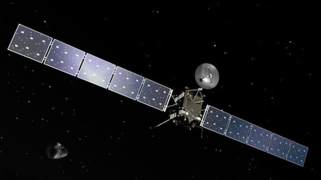 Ilustración de Rosetta con el cometa 67P/Churyumov-Gerasimenko al fondo