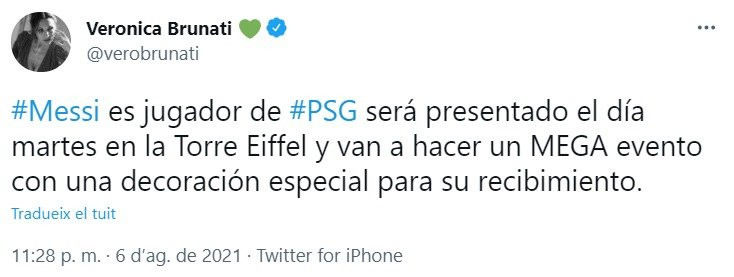 Publicación de Vero Brunatti sobre la presentación de Messi con el PSG / Redes