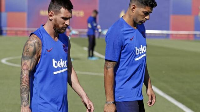 Una foto de Luis Suárez y Leo Messi durante un entrenamiento del Barça / FCB