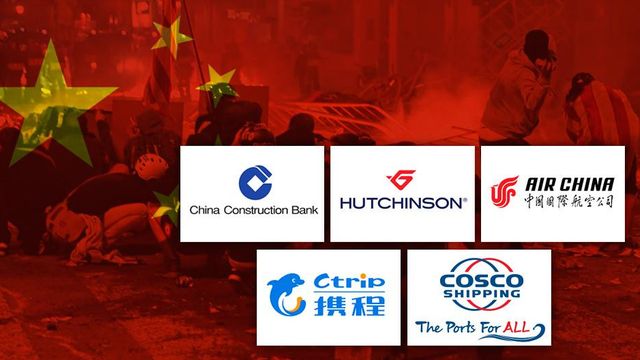 Las marcas China Construction Bank, Hutchinson, Air China, CTrip y Cosco Shipping sobre una imagen de las barricadas en Barcelona. Hong Kong / CG