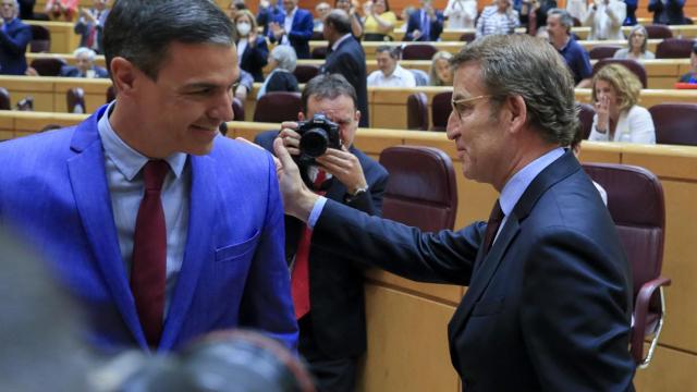 El presidente del Gobierno, Pedro Sánchez, y el líder del PP, Alberto Nuñez Feijóo, durante la sesión de control en el Senado / EFE - Fernando Alvarado