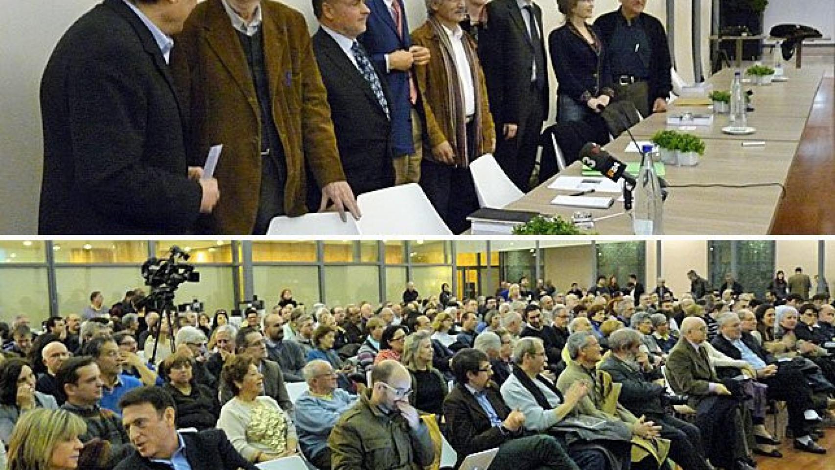 Francesc de Carreras, Iván Tubau, Francesc Moreno, Aleix Vidal-Quadras, Antonio Robles, Inger Enkvist, Álex Sàlmon, Marita Rodríguez y Javier Royo, posan para los medios al inicio del acto, al que asistieron más de 400 personas.