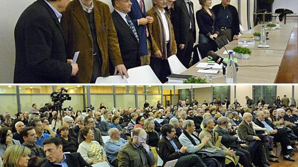 Francesc de Carreras, Iván Tubau, Francesc Moreno, Aleix Vidal-Quadras, Antonio Robles, Inger Enkvist, Álex Sàlmon, Marita Rodríguez y Javier Royo, posan para los medios al inicio del acto, al que asistieron más de 400 personas.