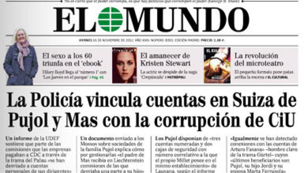 Portada de 'El Mundo' anunciando la existencia de cuentas en Suiza de la familia Pujol