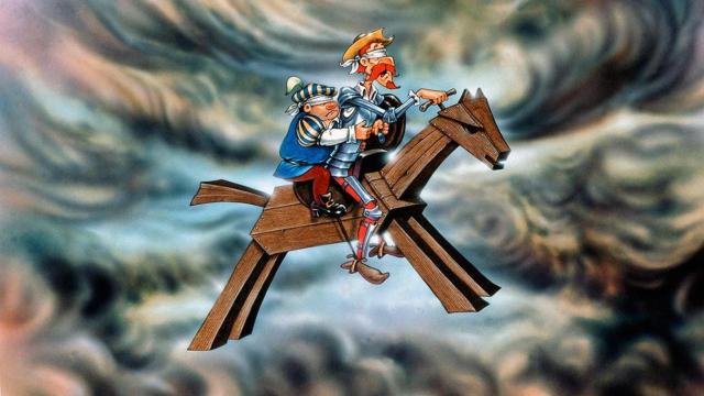 La escena de la serie de Cruz Delgado y José Romagosa en la que Don Quijote y Sancho montan al caballo de madera Clavileño. Fantasías