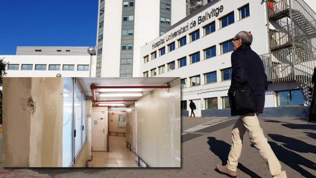 Un paciente ante el Hospital Universitario de Bellvitge (HUB) y un pasillo degradado del centro / CG