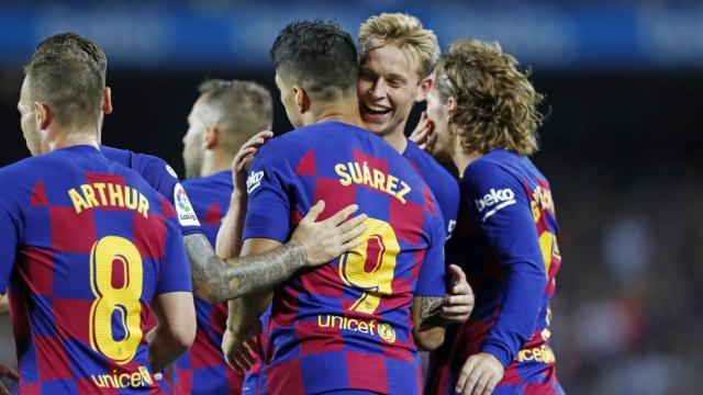 Arthur, Luis Suárez, De Jong y Griezmann celebrando un gol en el Barça - Valencia / FC Barcelona