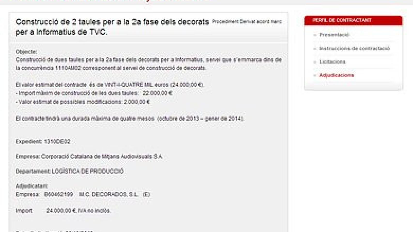 Adjudicación de TV3 a una empresa de decoración para cambiar dos mesas de plató