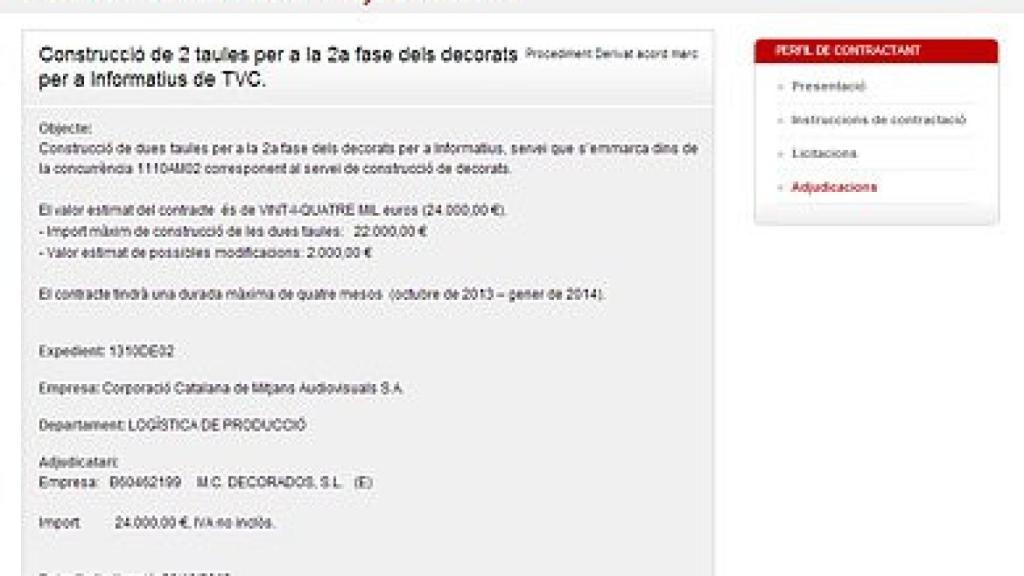 Adjudicación de TV3 a una empresa de decoración para cambiar dos mesas de plató