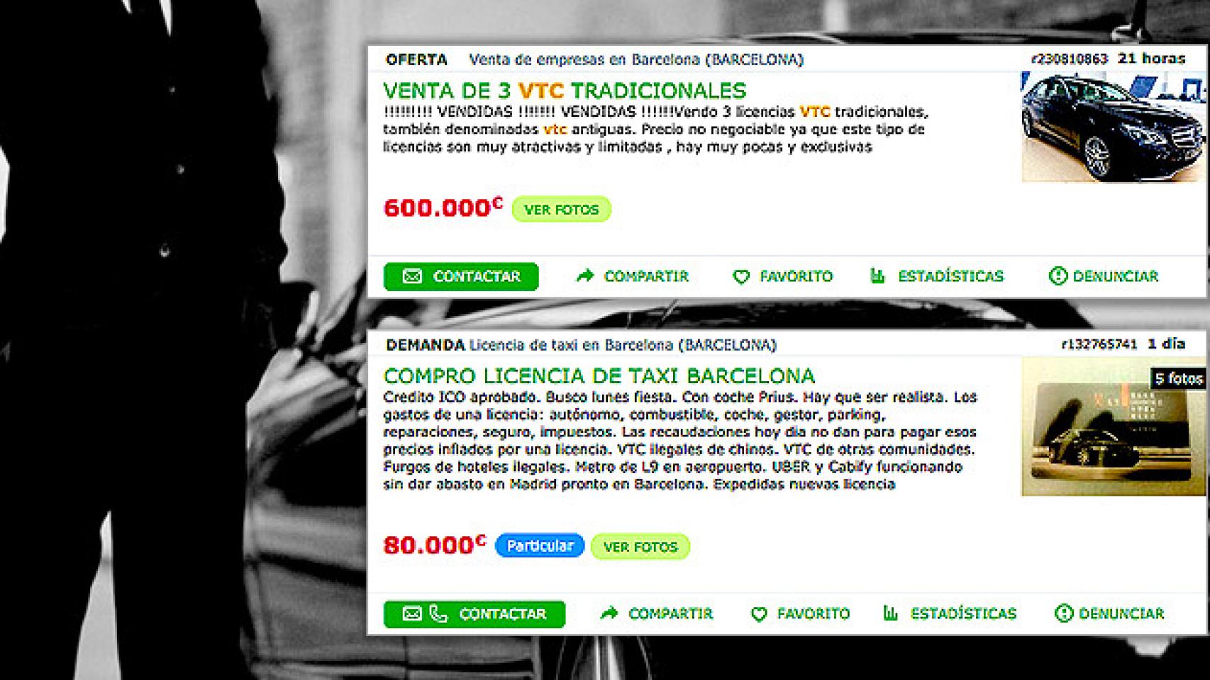 Anuncios de compra y venta de licencias. De fondo una imagen comercial de VTC / CG