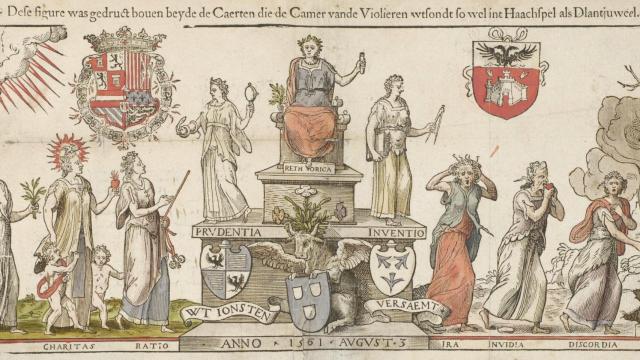 Alegoría anónima que muestra a la Retórica entronizada entre la Prudencia y la Invención (1561)