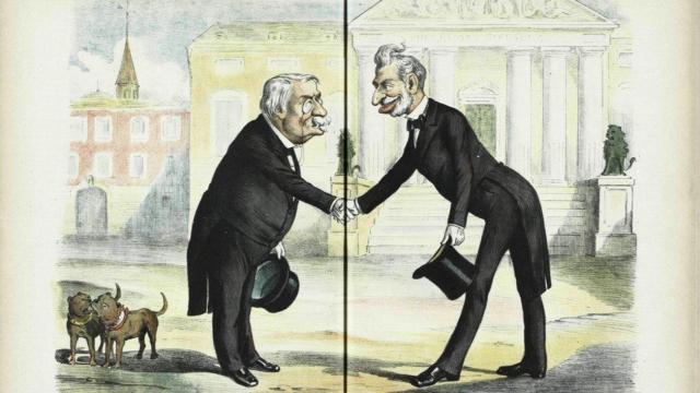 Caricatura de Cánovas y Sagasta, líderes políticos de la España de la Restauración (1882)