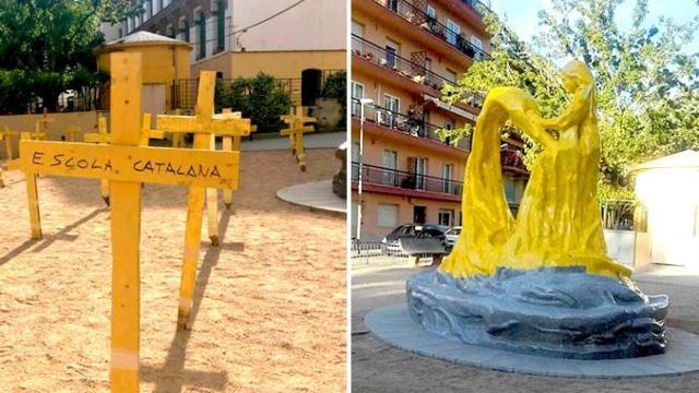 Cruces amarillas clavadas ante una escuela de Arenys de Munt (Barcelona) y la 'puntaire' de la plaza Catalunya vestida del mismo color / CG