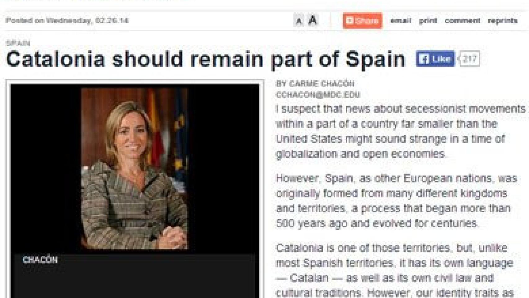 Artículo de Carme Chacón en el 'Miami Herald'