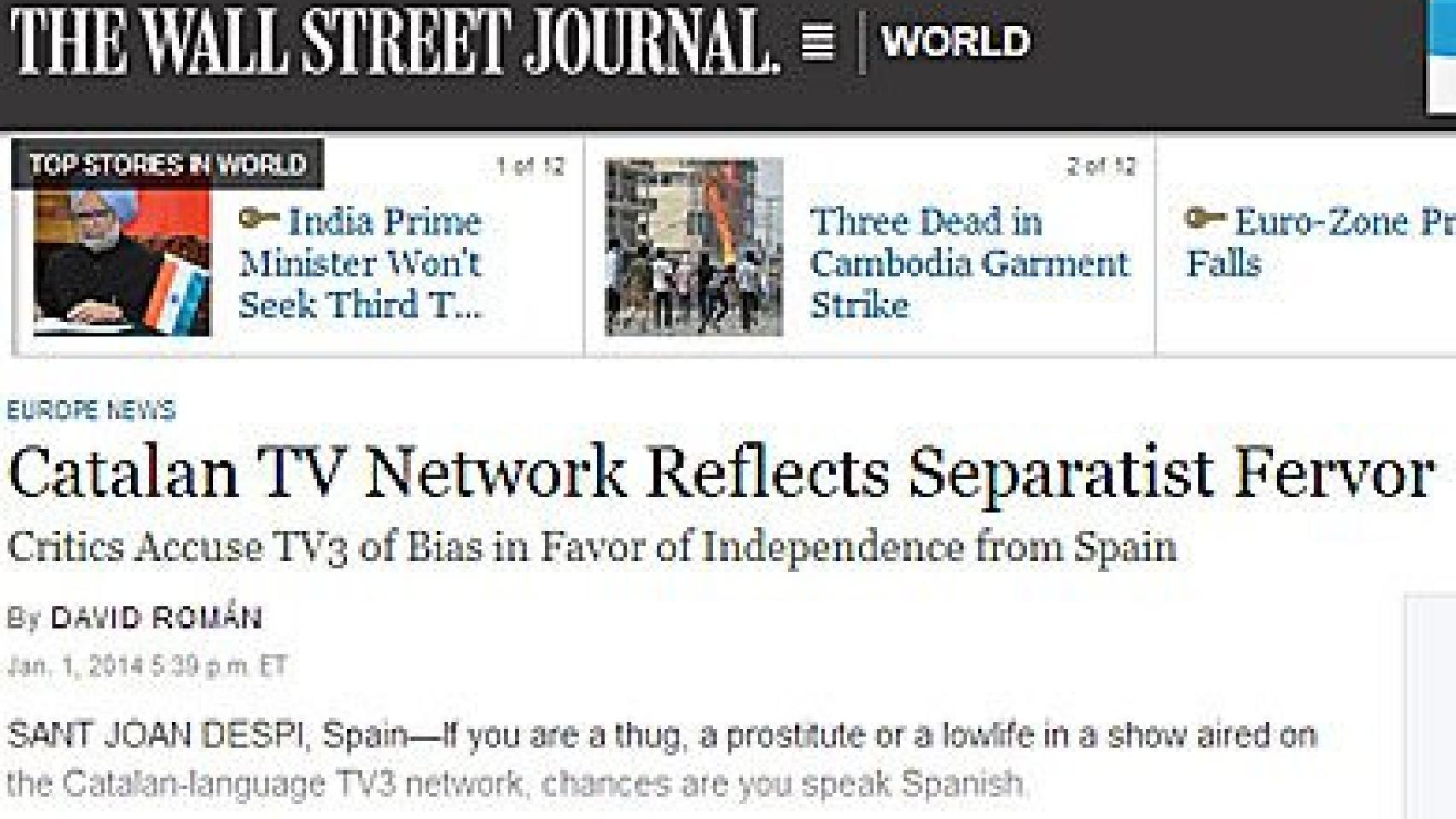 Artículo de 'The Wall Street Journal' sobre el sesgo nacionalista de TV3