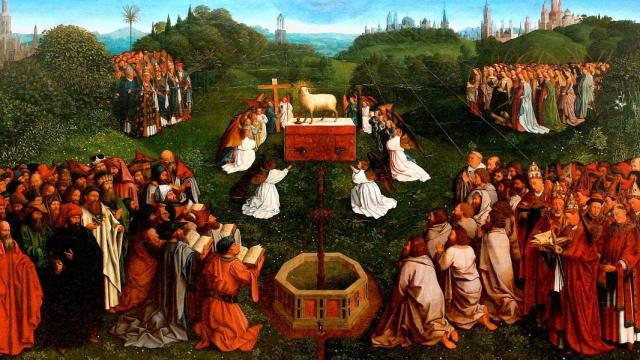 Pintura de Jan Van Eyck que representa a la humanidad adorando al cordero místico. Culturas