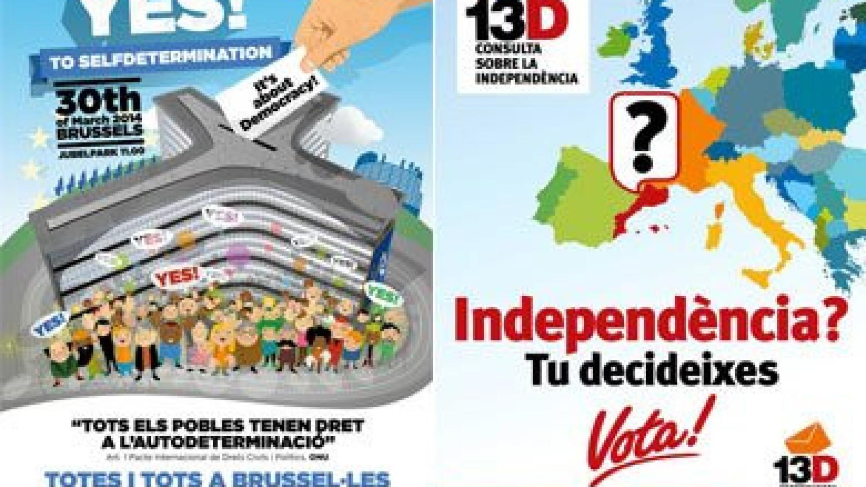 Carteles de la manifestación para la autodeterminación de este domingo y de una las consultas independentistas realizadas en Cataluña entre 2009 y 2011