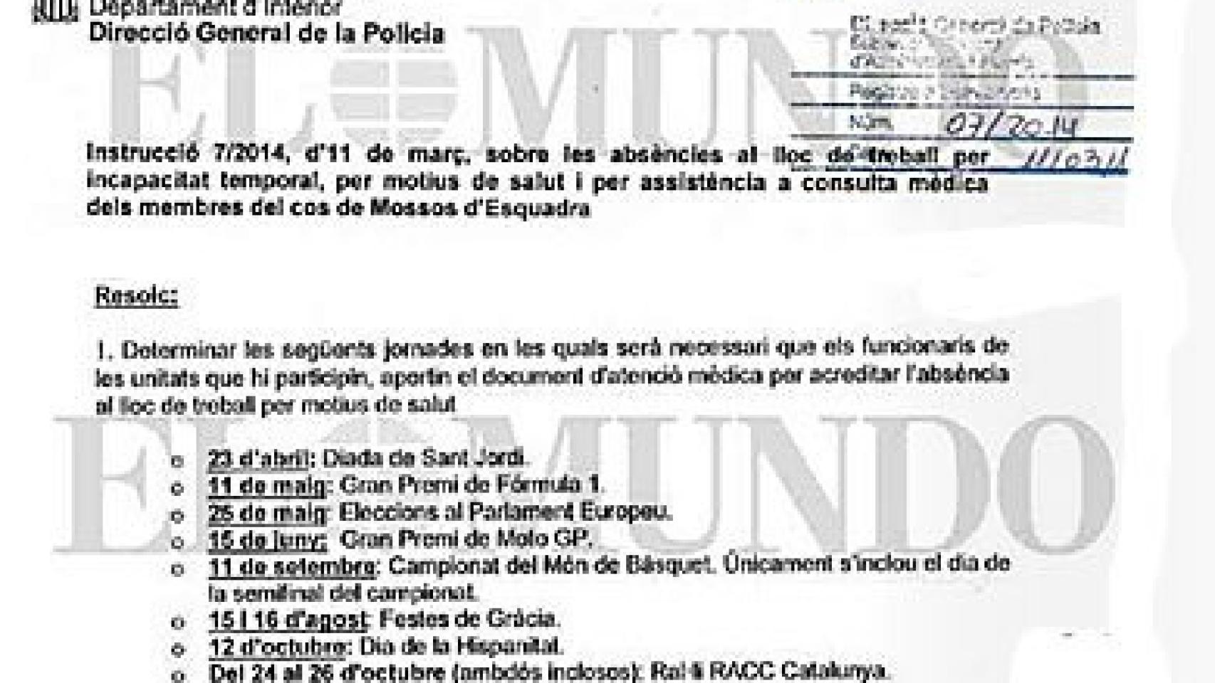 Circular de la dirección de los Mossos d'Esquadra en la que se señala el 9 de noviembre como fecha ineludible de trabajo para los agentes por celebrarse la consulta por el derecho a decidir