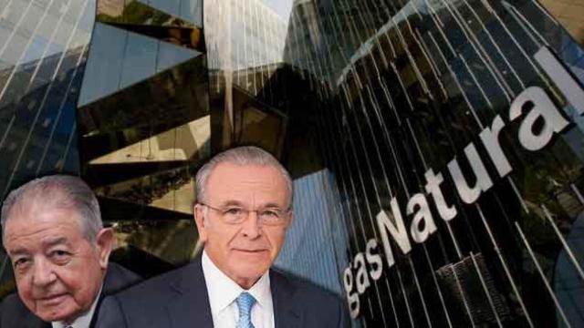 Isidro Fainé (d) y Salvador Gabarró (i) junto a la sede de Gas Natural Fenosa en Barcelona / FOTOMONTAJE DE CG