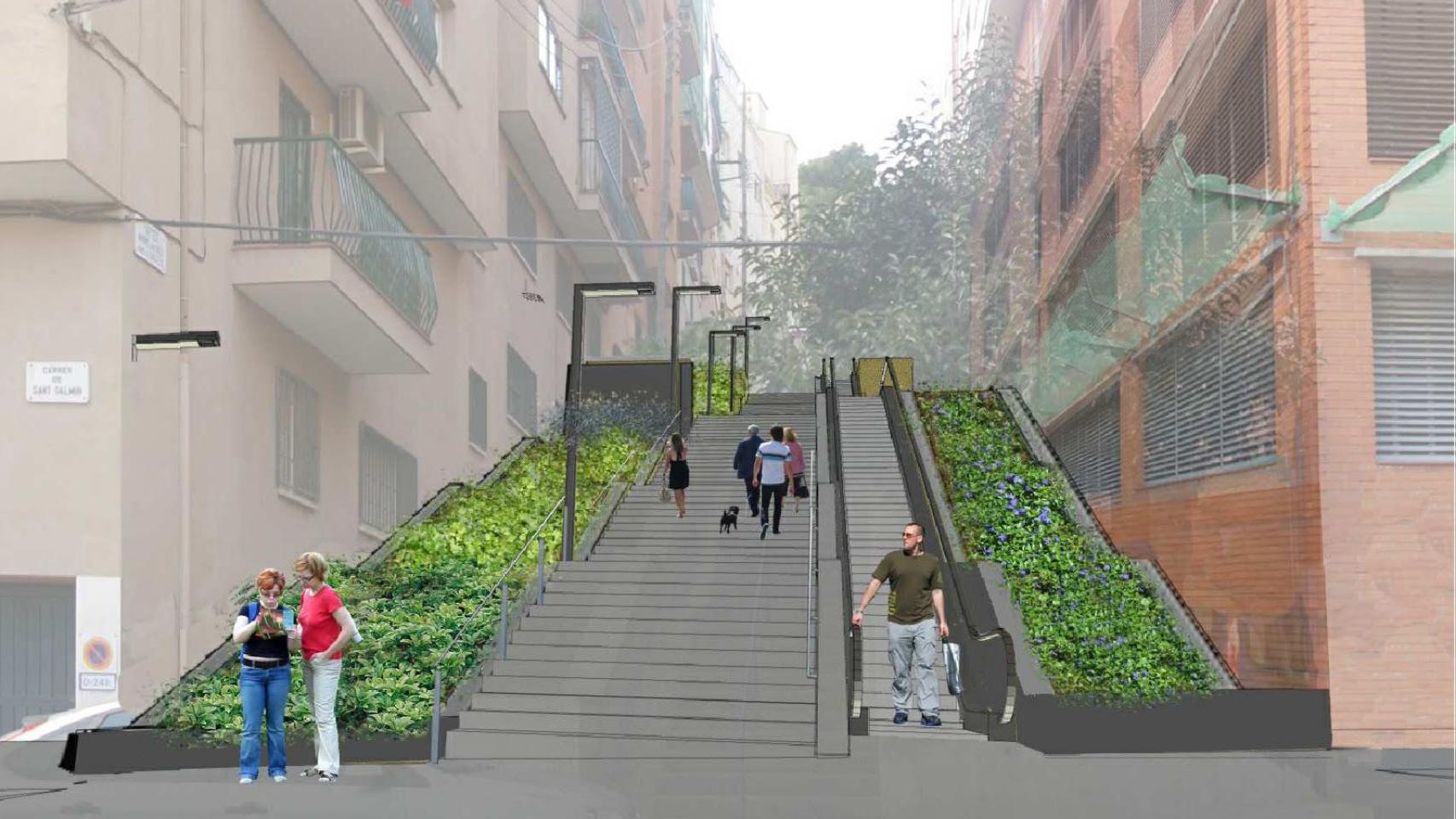 Recreación virtual de la instalación de unas escaleras mecánicas en el barrio de la Teixonera / AJUNTAMENT DE BARCELONA