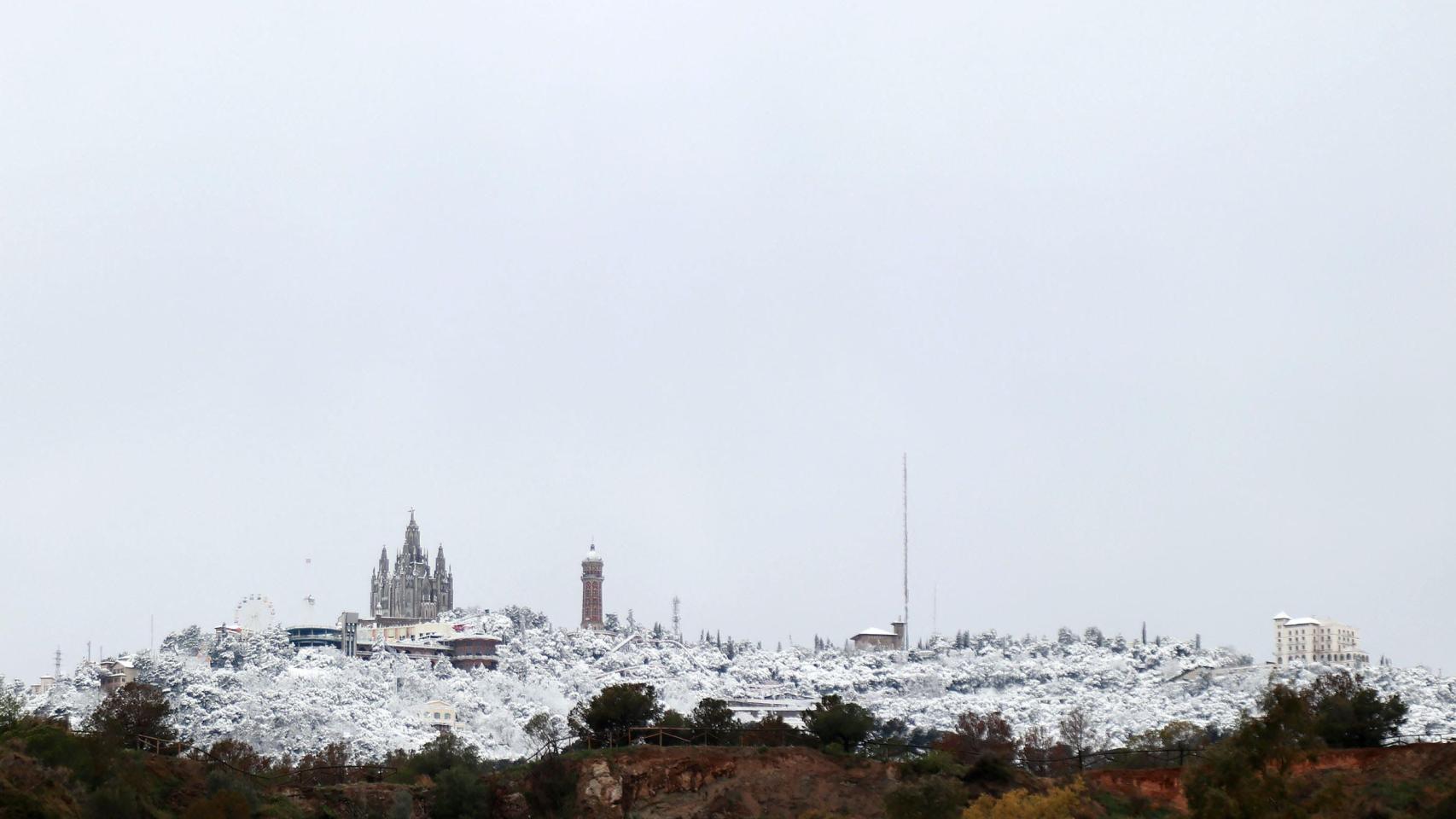 La montaña del Tibidabo ha amanecido cubierta por un manto blanco / HUGO FERNÁNDEZ