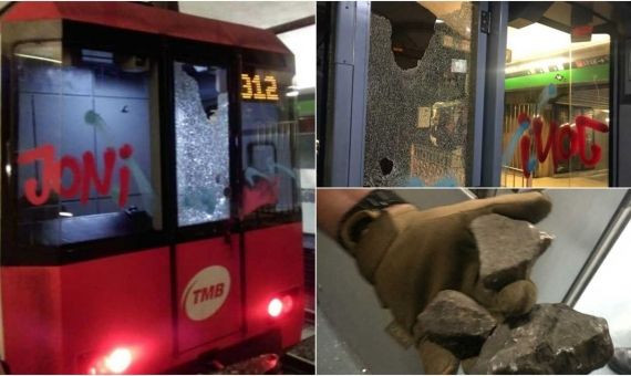 Cabina apedreada, con cristales rotos, y las piedras que han lanzado / CGT