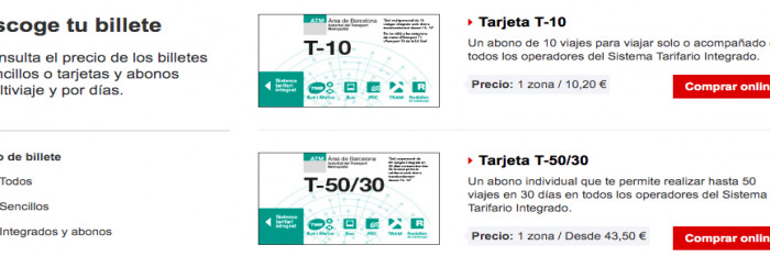 Página web de TMB para poder adquirir los billetes de transporte