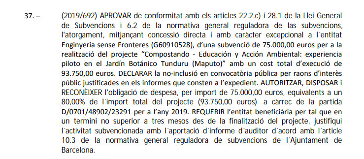 El texto de la subvención a Enginyeria Sense Fronteres / AYUNTAMIENTO DE BCN