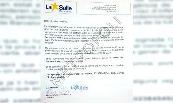Circular enviada por la dirección de La Salle Barceloneta sobre el caso de tuberculosis pulmonar / MA