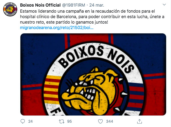 Tuit de los Boixos Nois sobre las donaciones al Hospital Clínic