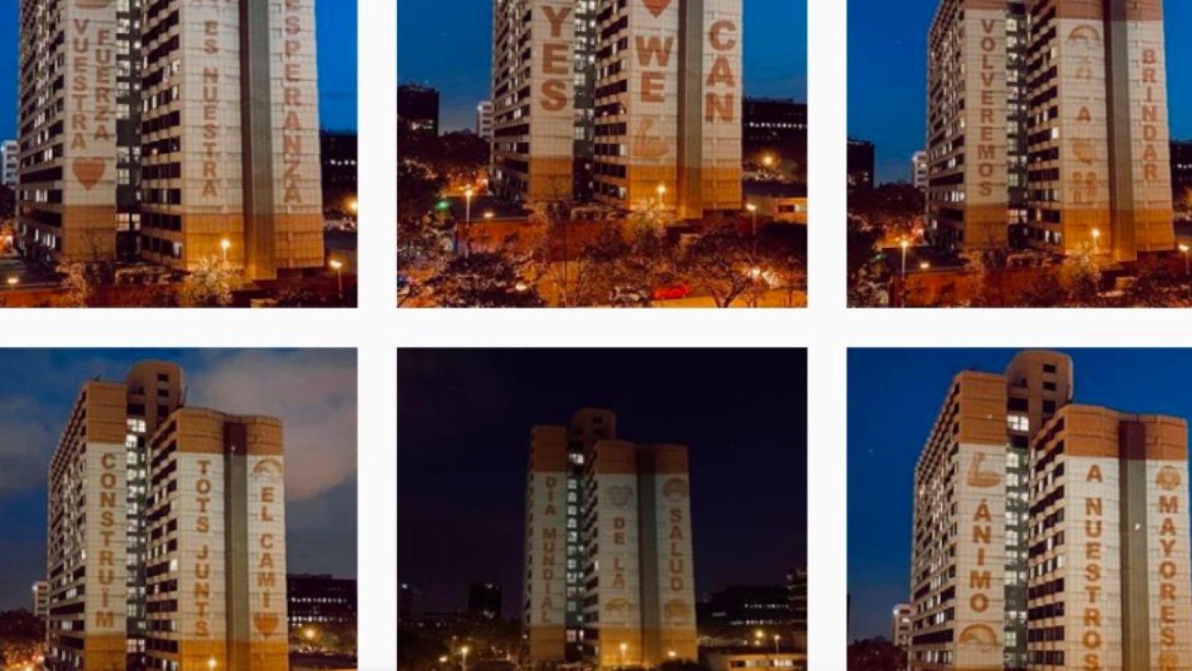 Proyectan mensajes de ánimo en la fachada del Hospital de Barcelona