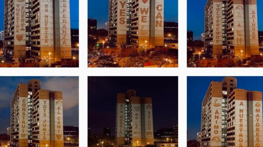 Proyectan mensajes de ánimo en la fachada del Hospital de Barcelona