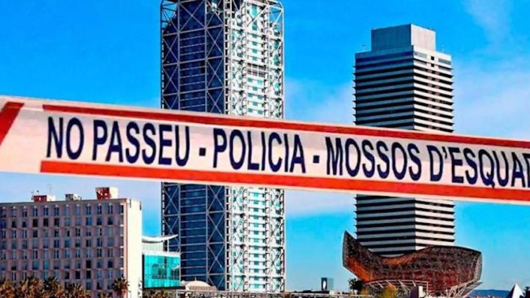 Fotomontaje con el Hotel Arts de fondo y una cinta de los Mossos / FOTOMONTAJE CG