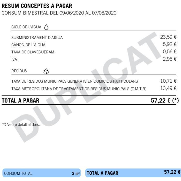 Factura del agua de 2020, con la tasa de residuos de Colau / TWITTER CIUTADANS