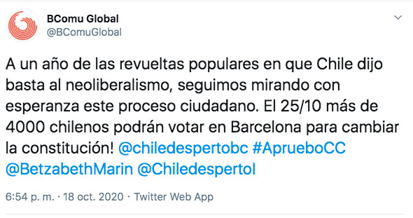 Tuit de Barcelona en Comú a favor de la revuelta que se conmemora / TWITTER @BComuGlobal