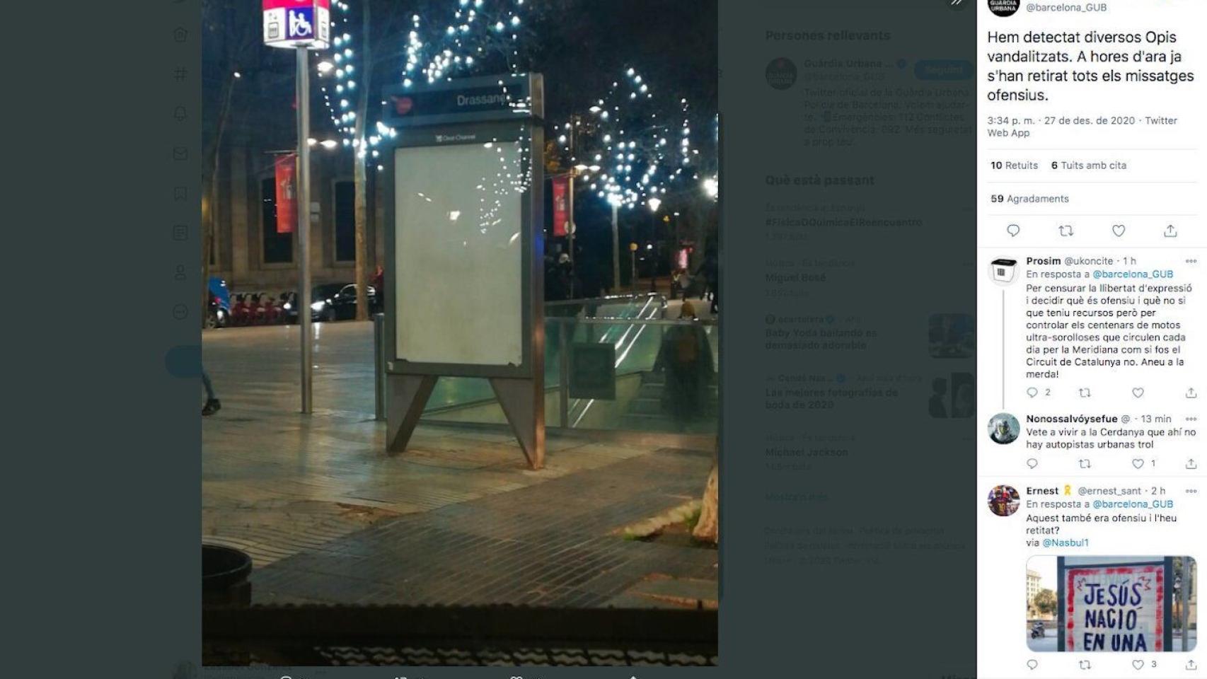 Tweet de la Guardia Urbana anunciando que los mensajes vandálicos ya han sido retirados/ TWITTER-GU