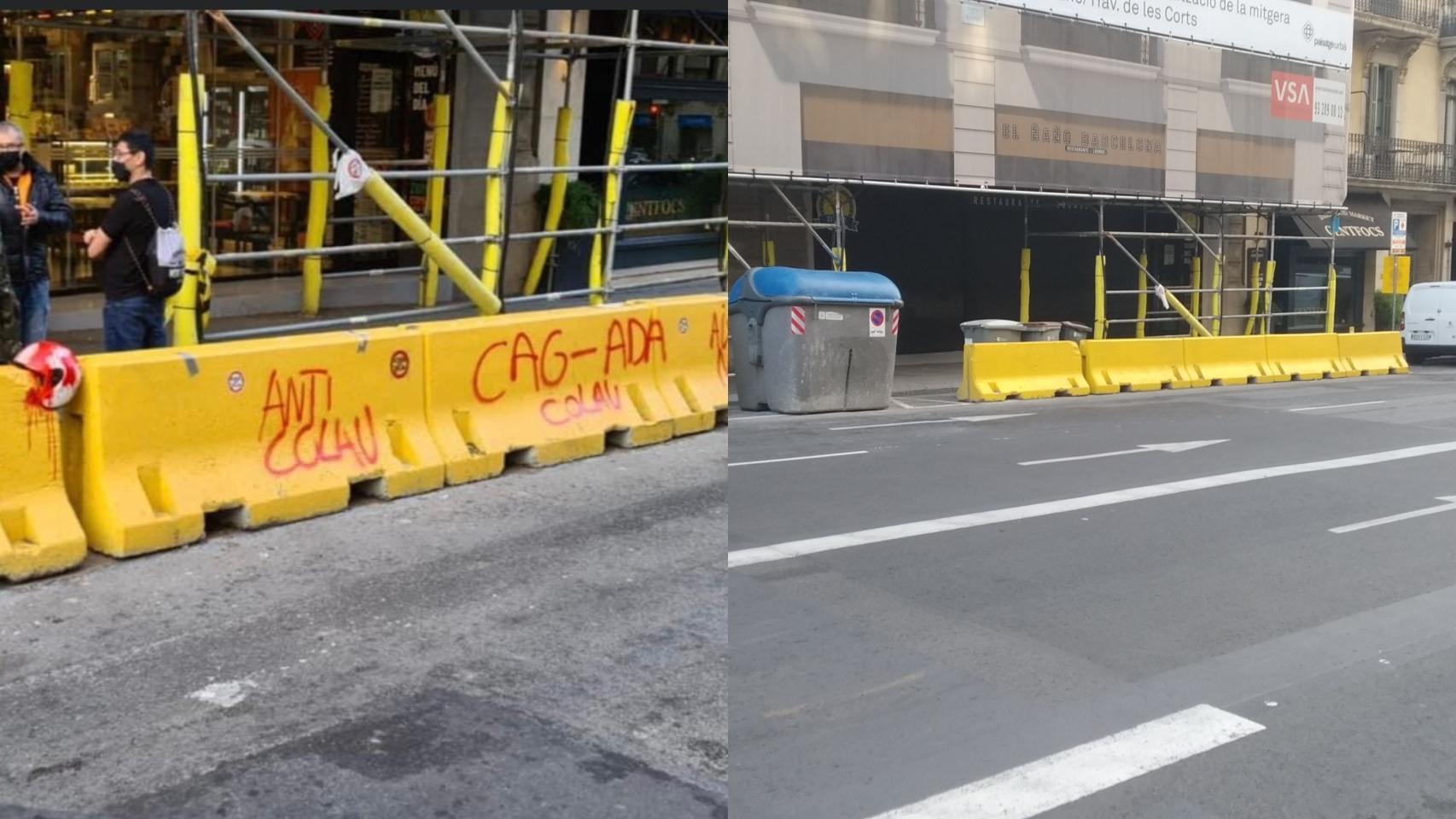 Fotomontaje con los bloques de hormigón con las pintadas y sin ellas / TWITTER MIGUEL ÁNGEL ROSSELLÓ - JORDI SUBIRANA