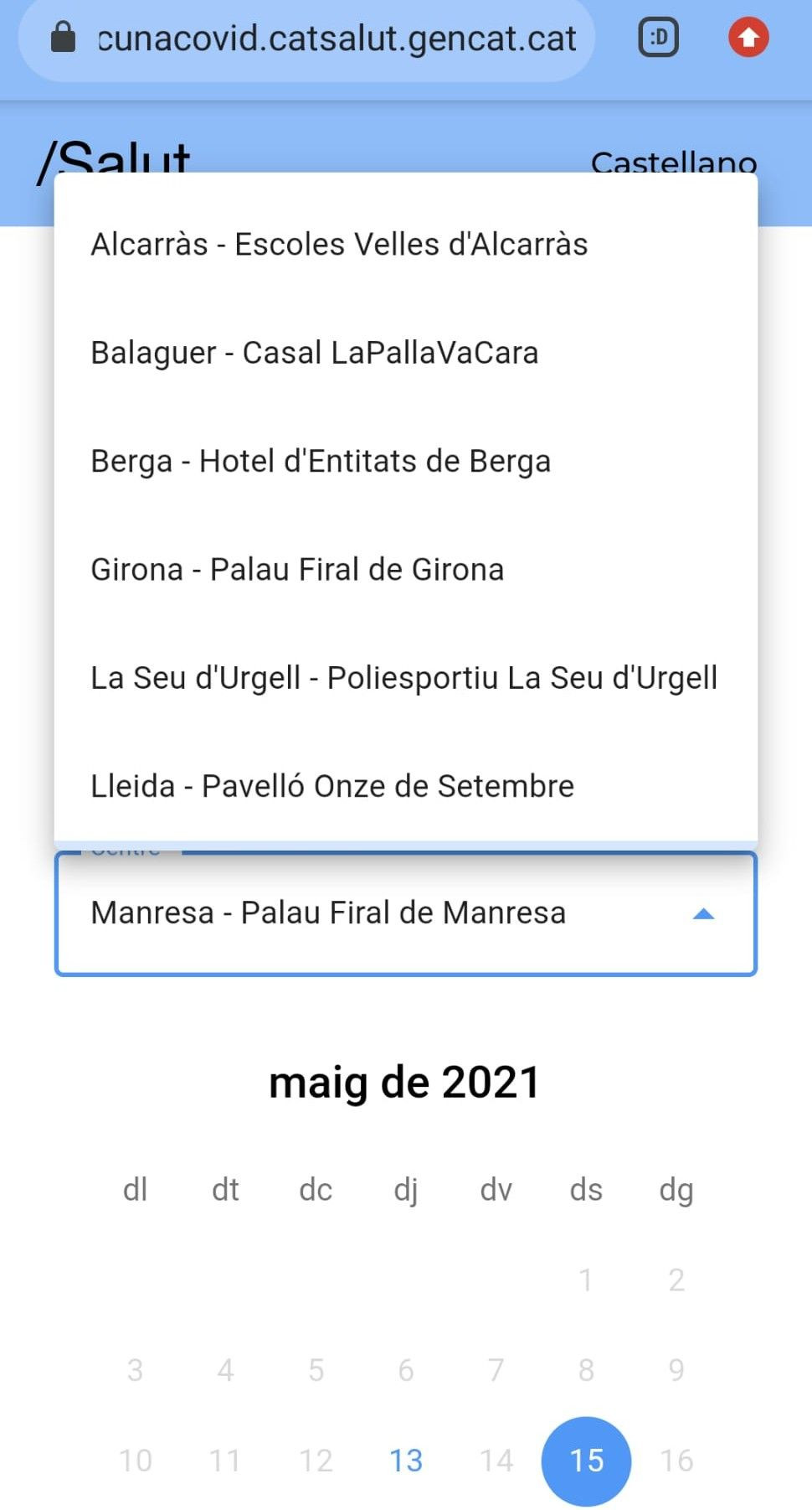 Imagen de la aplicación de Salut con los lugares disponibles, este jueves