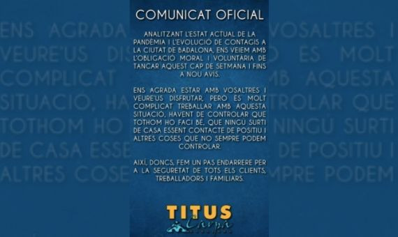 Comunicado de la discoteca Titus de Badalona / TITUS