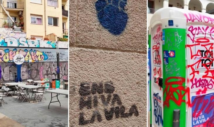 Tres imágenes de la plaza cedida por Eloi Badia a los okupas de Tres Lliris en las Fiestas de Gracia / CG