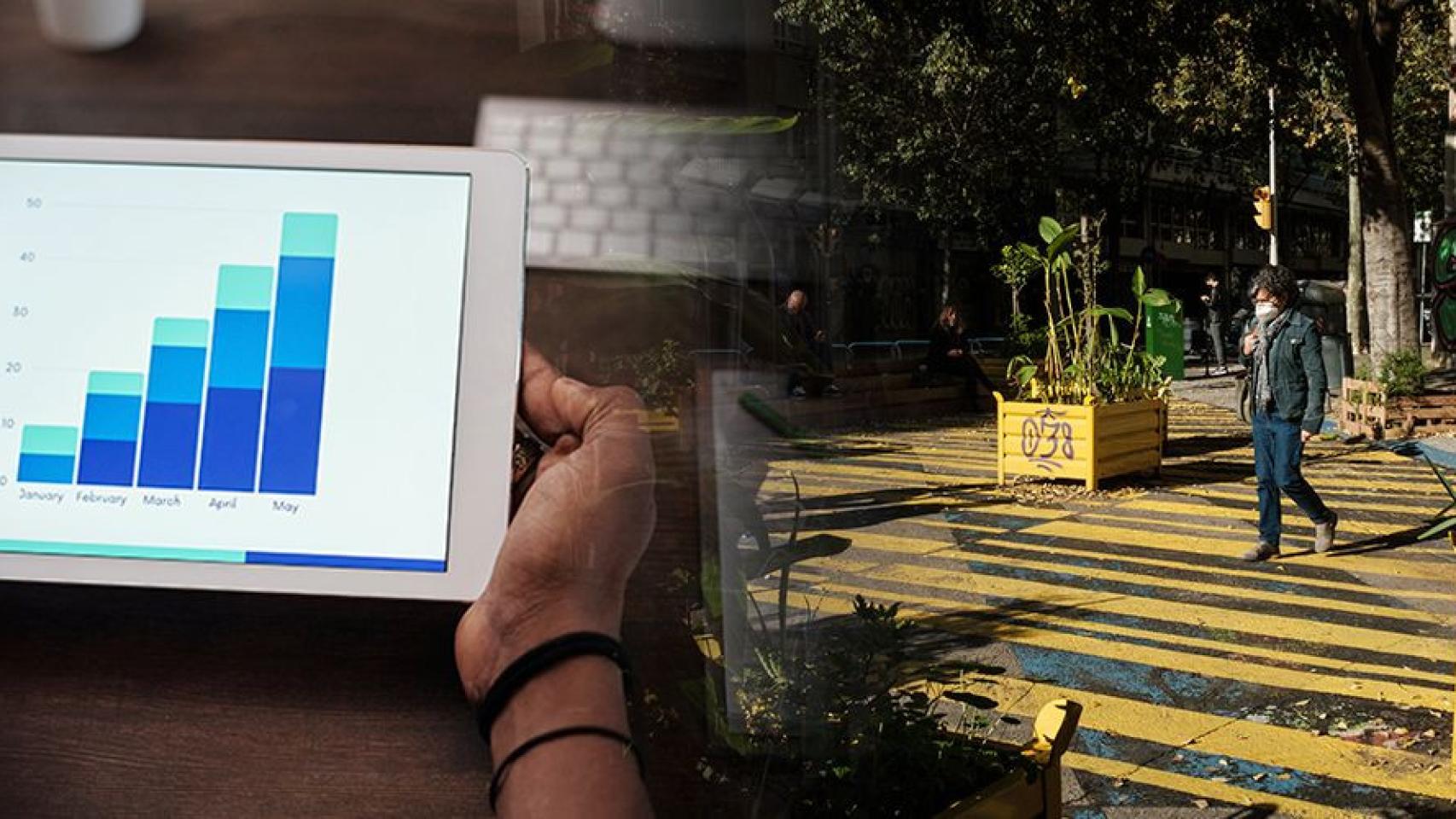 Montaje de una persona mirando una tablet y cruce de calle la Consell de Cent con Rocafort, en el Eixample / FOTOMONTAJE