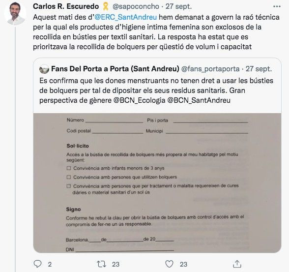 Tuit de ERC sobre los depósitos de pañales / TWITTER CARLOS R. ESCUREDO