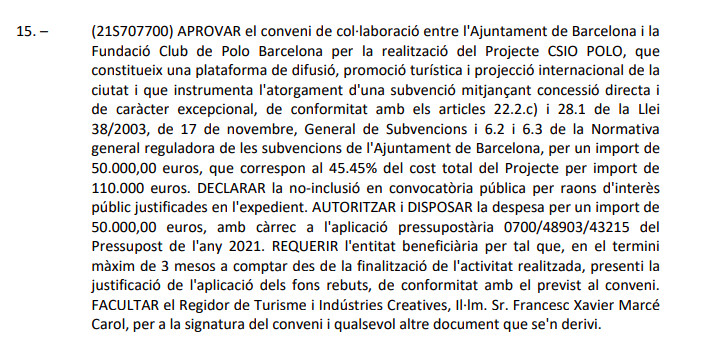 Subvención municipal al club de polo / AYUNTAMIENTO DE BARCELONA