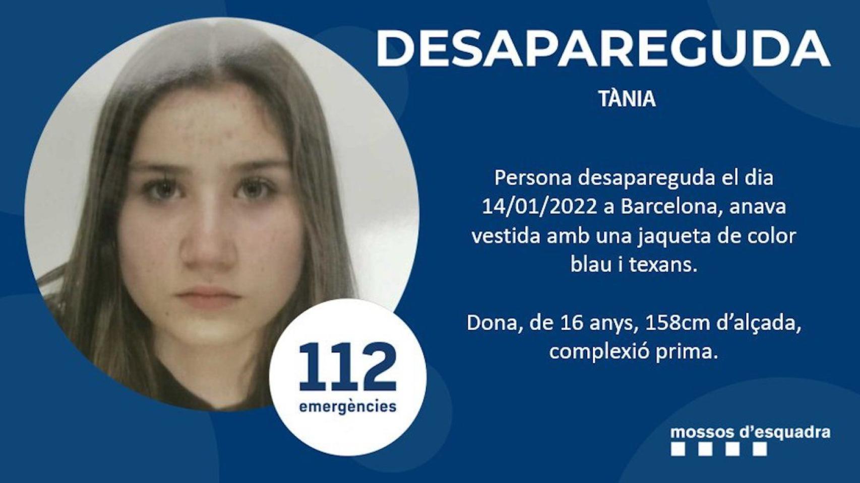 Cartel de la desaparición de Tània, una menor de 16 años, en Barcelona / TWITTER - @MOSSOS