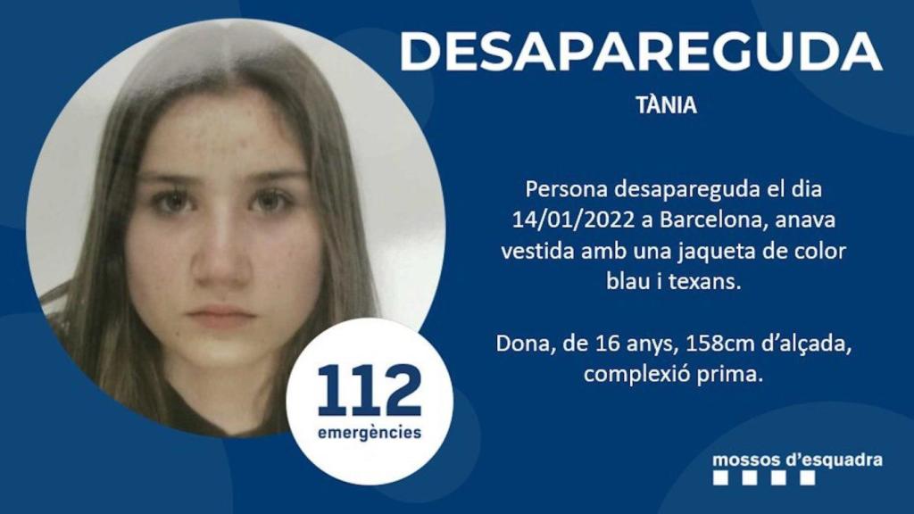 Cartel de la desaparición de Tània, una menor de 16 años, en Barcelona / TWITTER - @MOSSOS