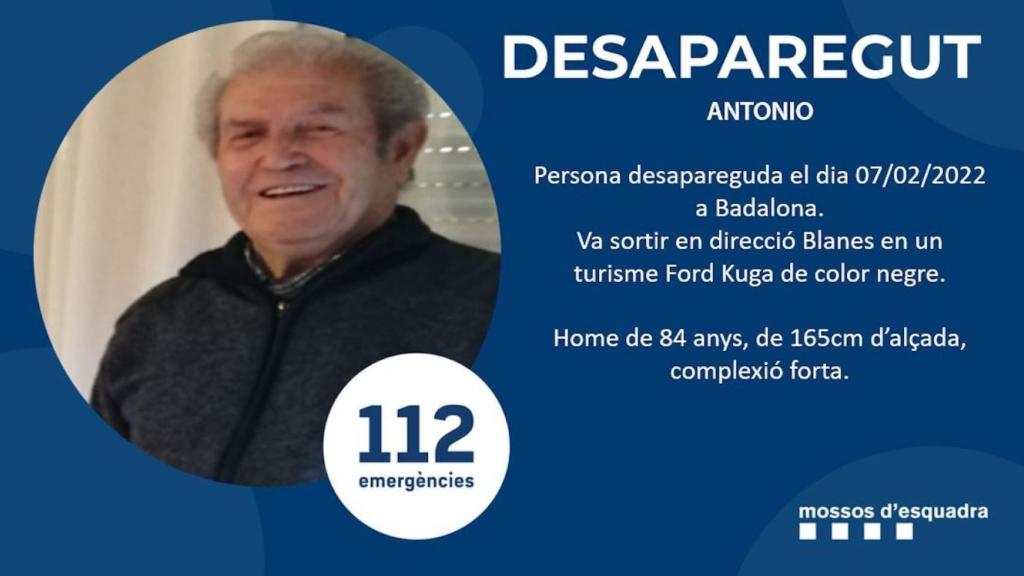Anuncio de desaparición de Antonio, el anciano perdido en Badalona / MOSSOS D'ESQUADRA