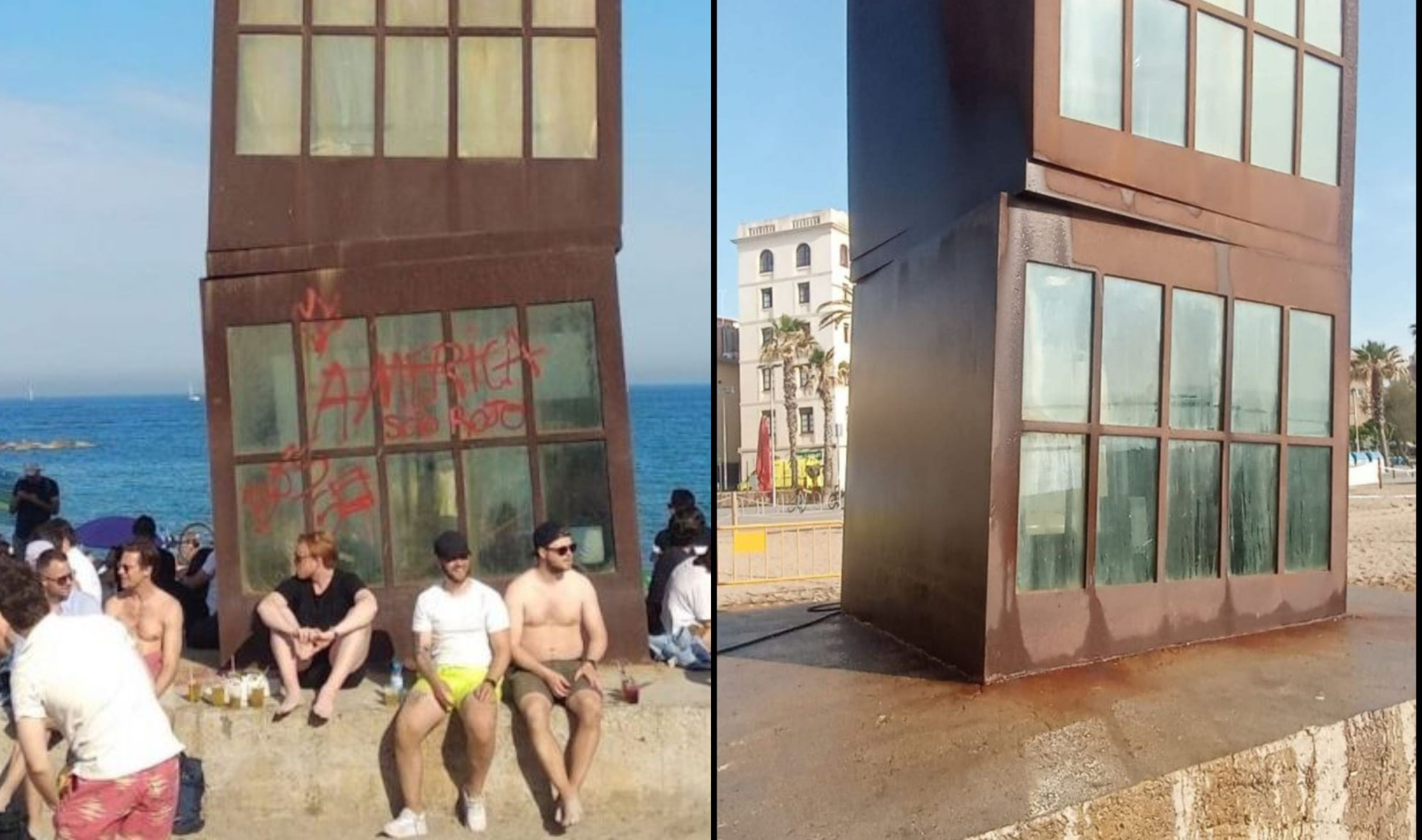 Fotomontaje con la escultura 'Los cubos' con los grafitis y al lado una imagen del monumento limpio / METRÓPOLI - AYUNTAMIENTO DE BARCELONA